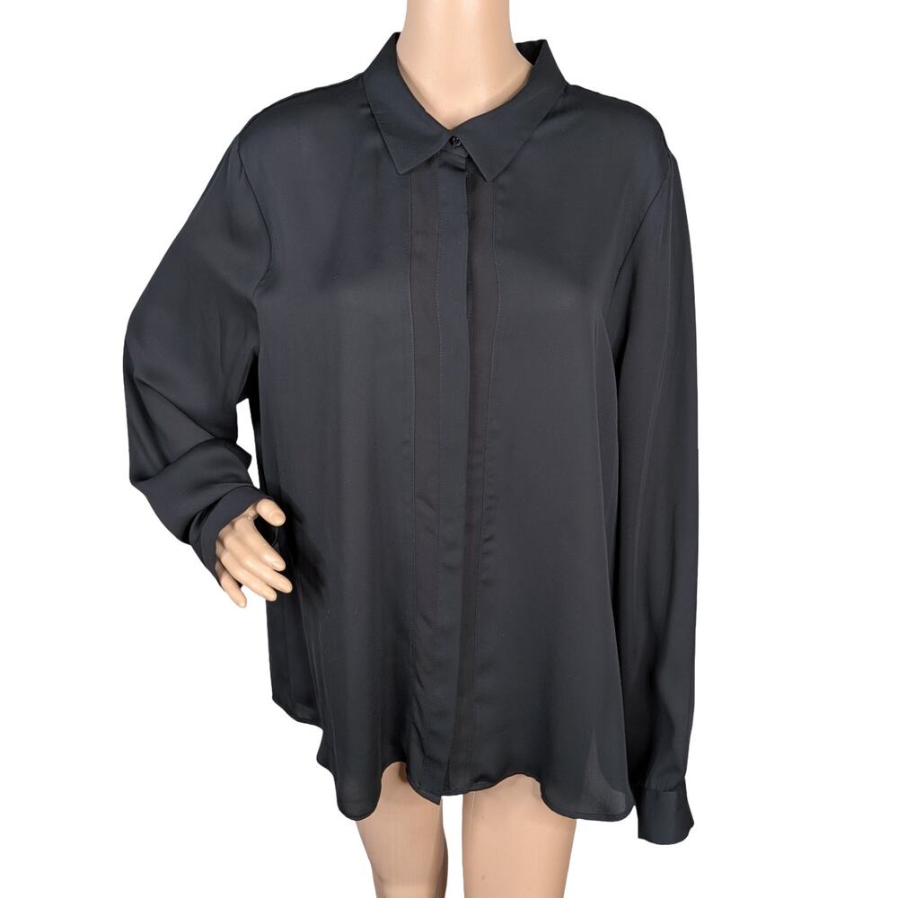 Robert Rodriguez Lyndsey Blouse Black Satin Chiffon Sheer Striped Button Down XL